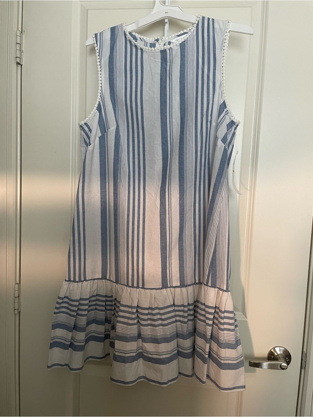 London Times Blue & White Striped Dress with Pom Trim